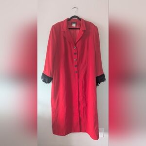 22W Harve Benard Vintage Red Long Coat w/ Black Feather Trim